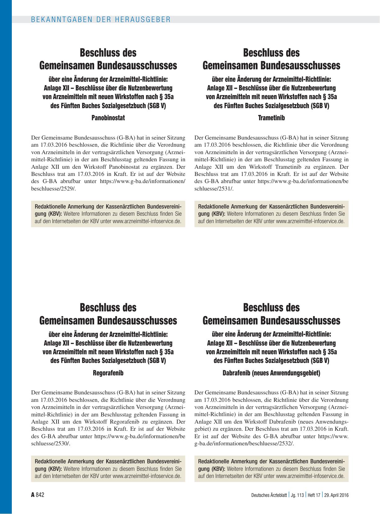 Vorschauseite 1: Beschluss des Gemeinsamen Bundesausschusses über eine Änderung der Arzneimittel-Richtlinie: Anlage XII – Beschlüsse über die Nutzenbewertung von Arzneimitteln mit neuen Wirkstoffe…