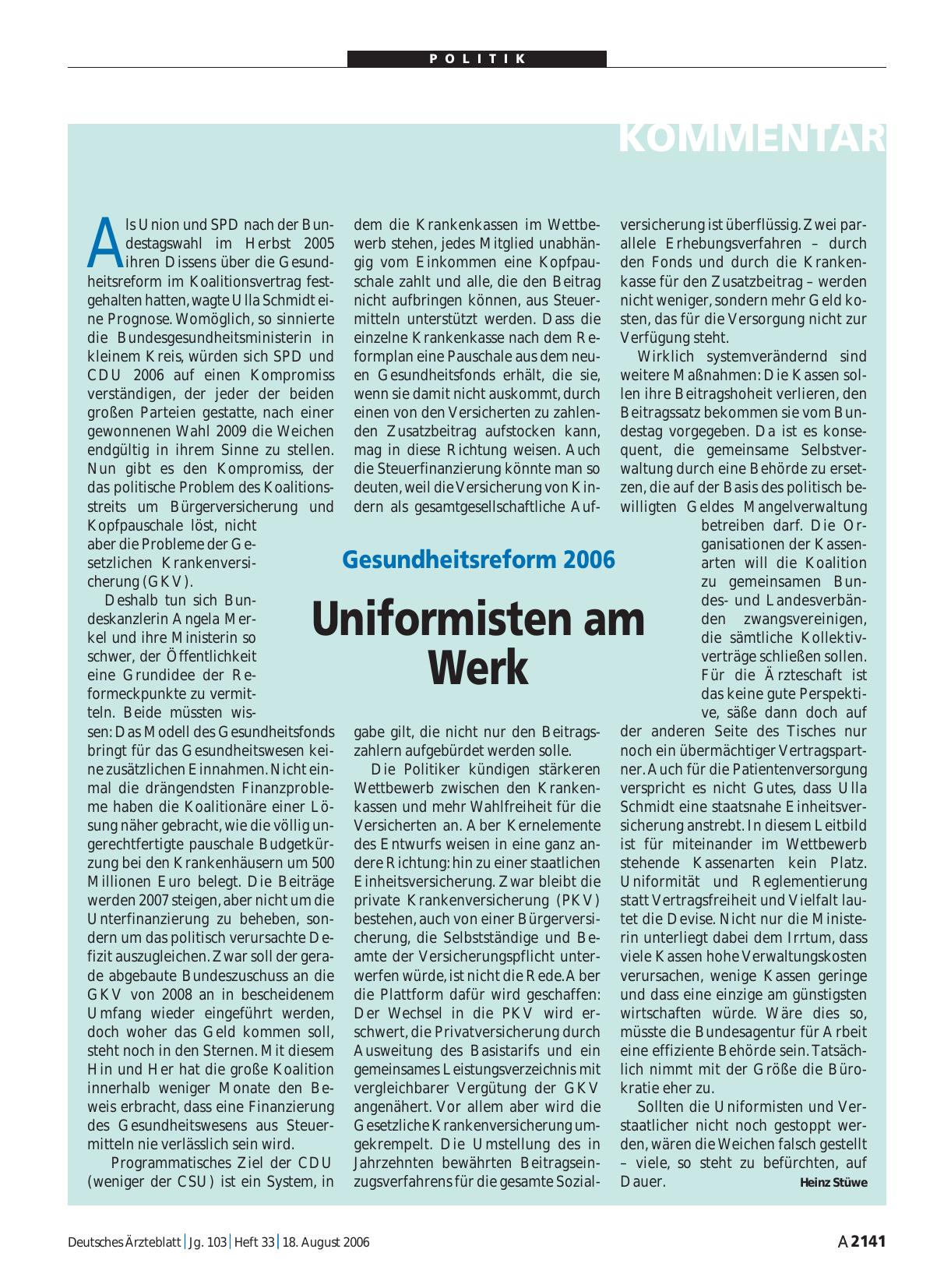 Vorschauseite 1: Gesundheitsreform 2006: Uniformisten am Werk