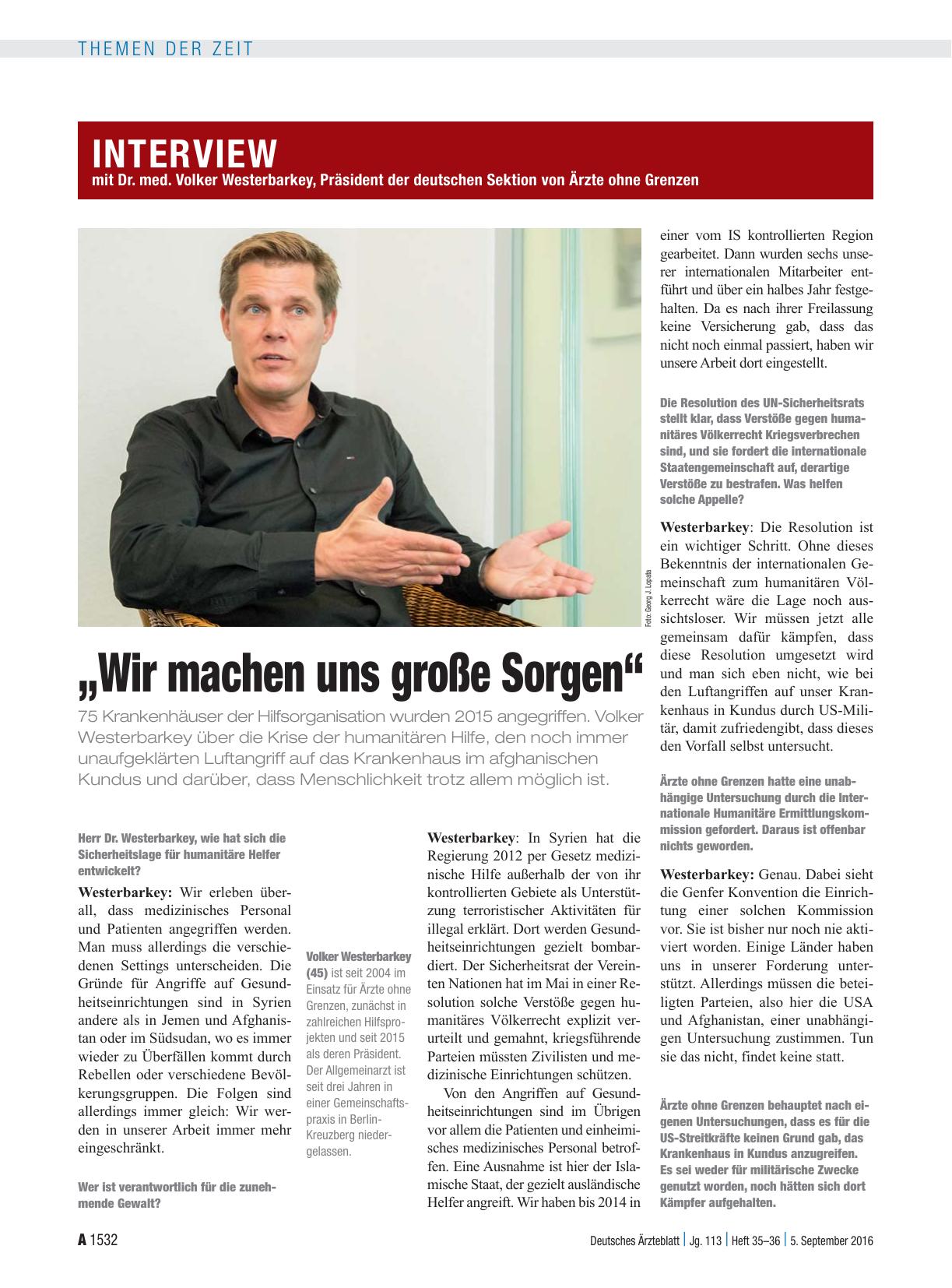 Vorschauseite 1: Interview mit Dr. med. Volker Westerbarkey, Präsident der deutschen Sektion von Ärzte ohne Grenzen: „Wir machen uns große Sorgen“