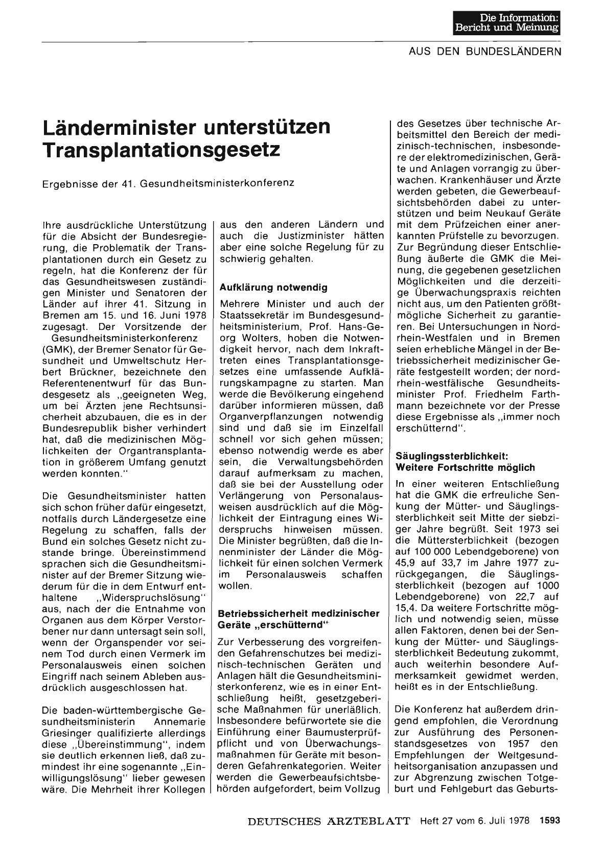Vorschauseite 1: Länderminister unterstützen Transplantationsgesetz