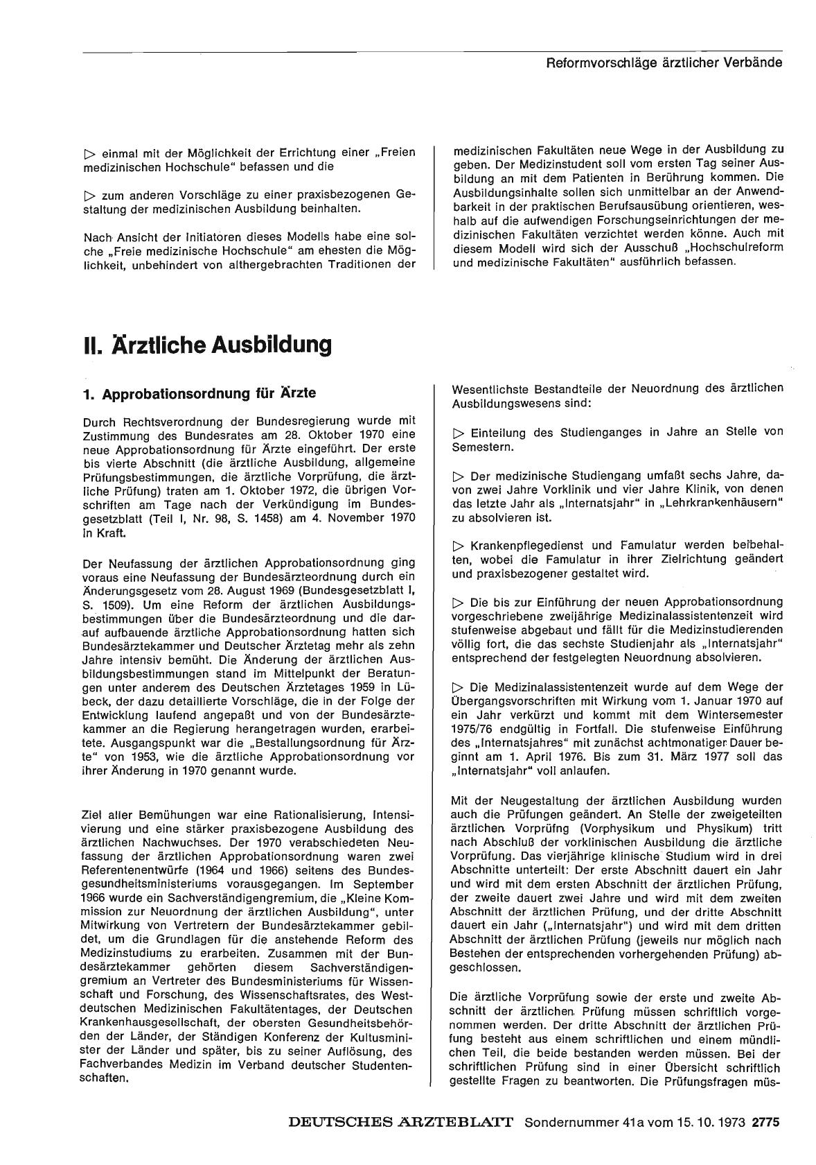 Vorschauseite 1: Bericht über das Jahr 1972/73: D. Ausbildung, Weiterbildung, Fortbildung: II. Ärztliche Ausbildung
