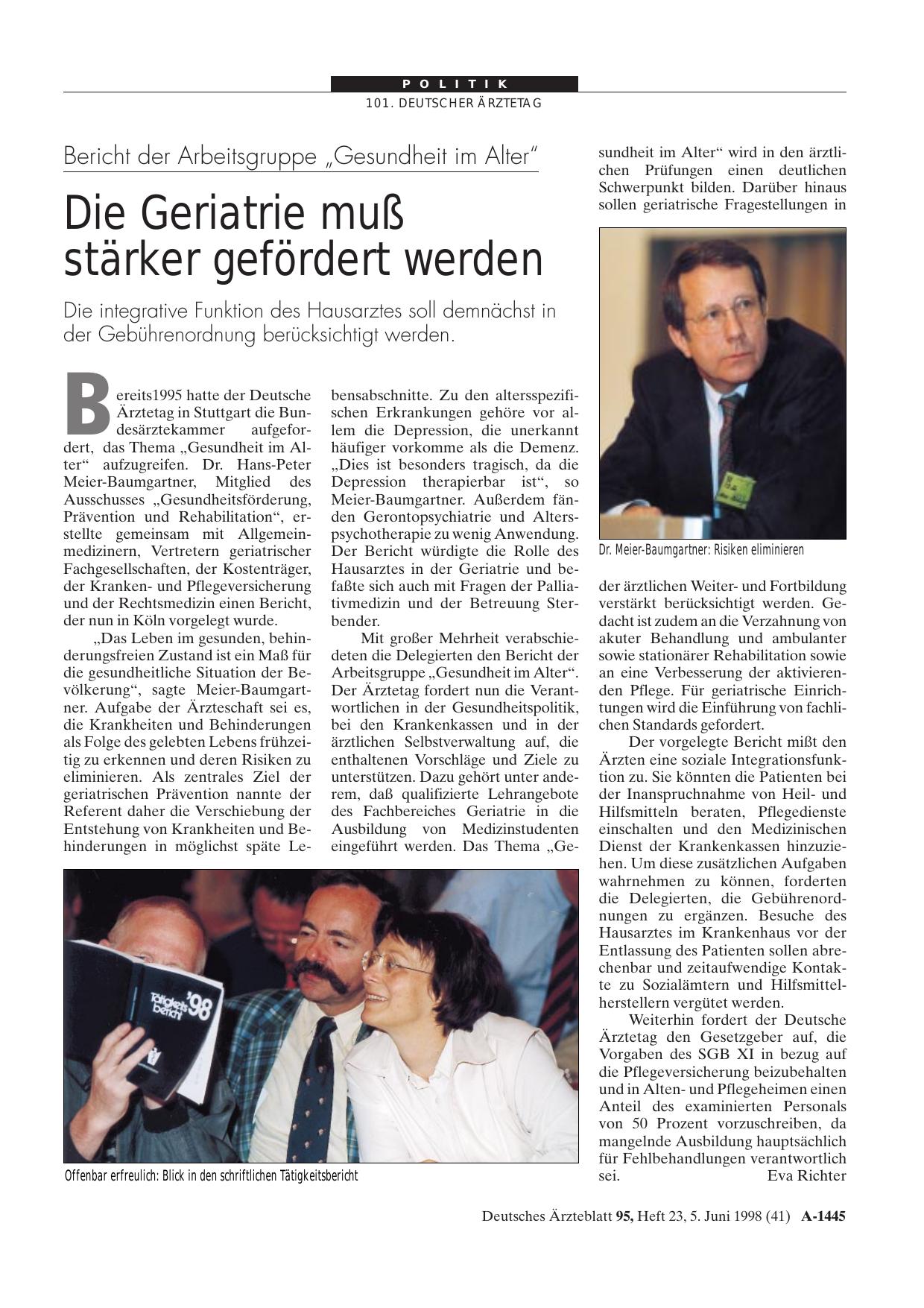 Vorschauseite 1: Bericht der Arbeitsgruppe „Gesundheit im Alter“: Die Geriatrie muß stärker gefördert werden