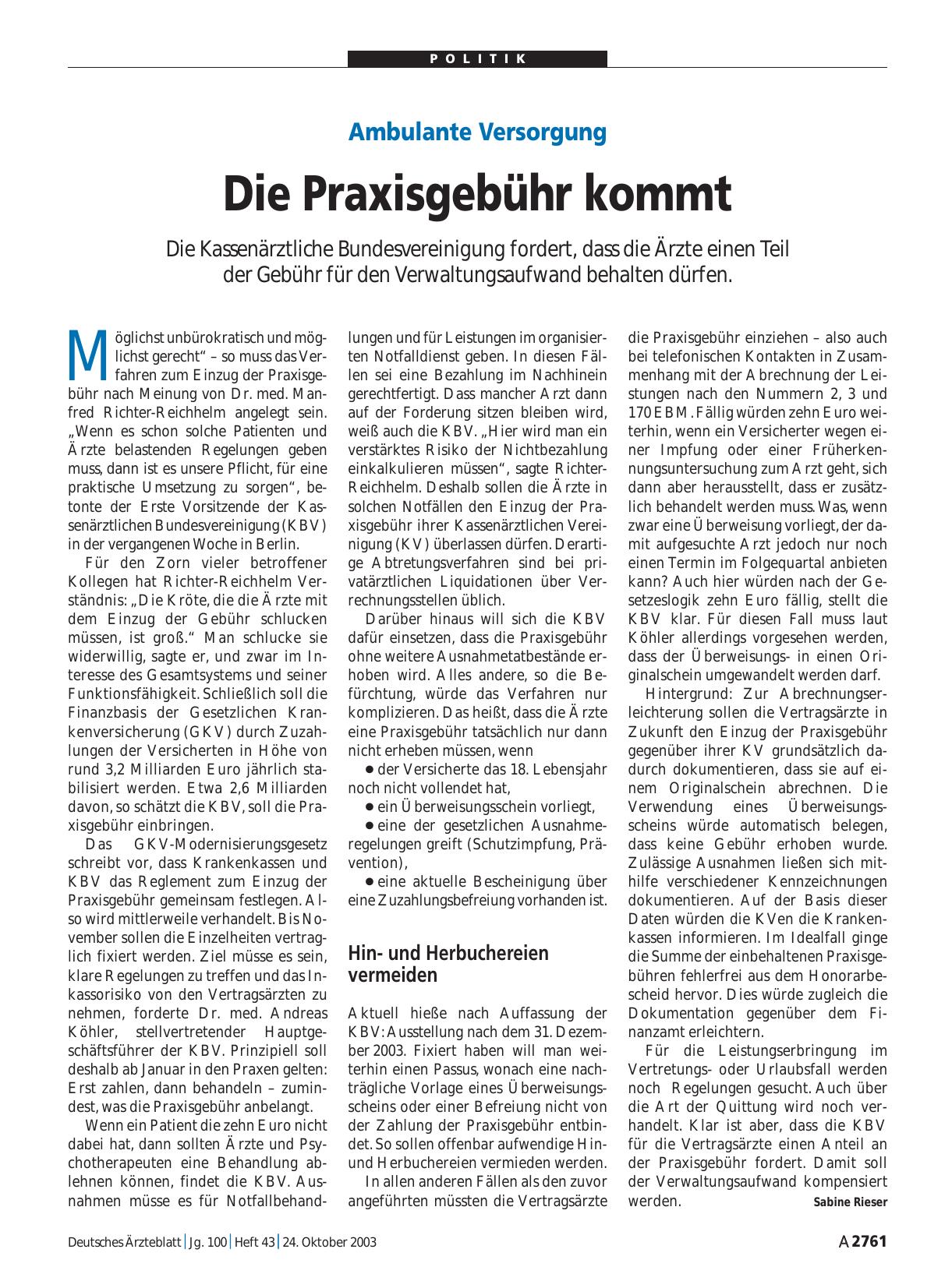 Vorschauseite 1: Ambulante Versorgung: Die Praxisgebühr kommt