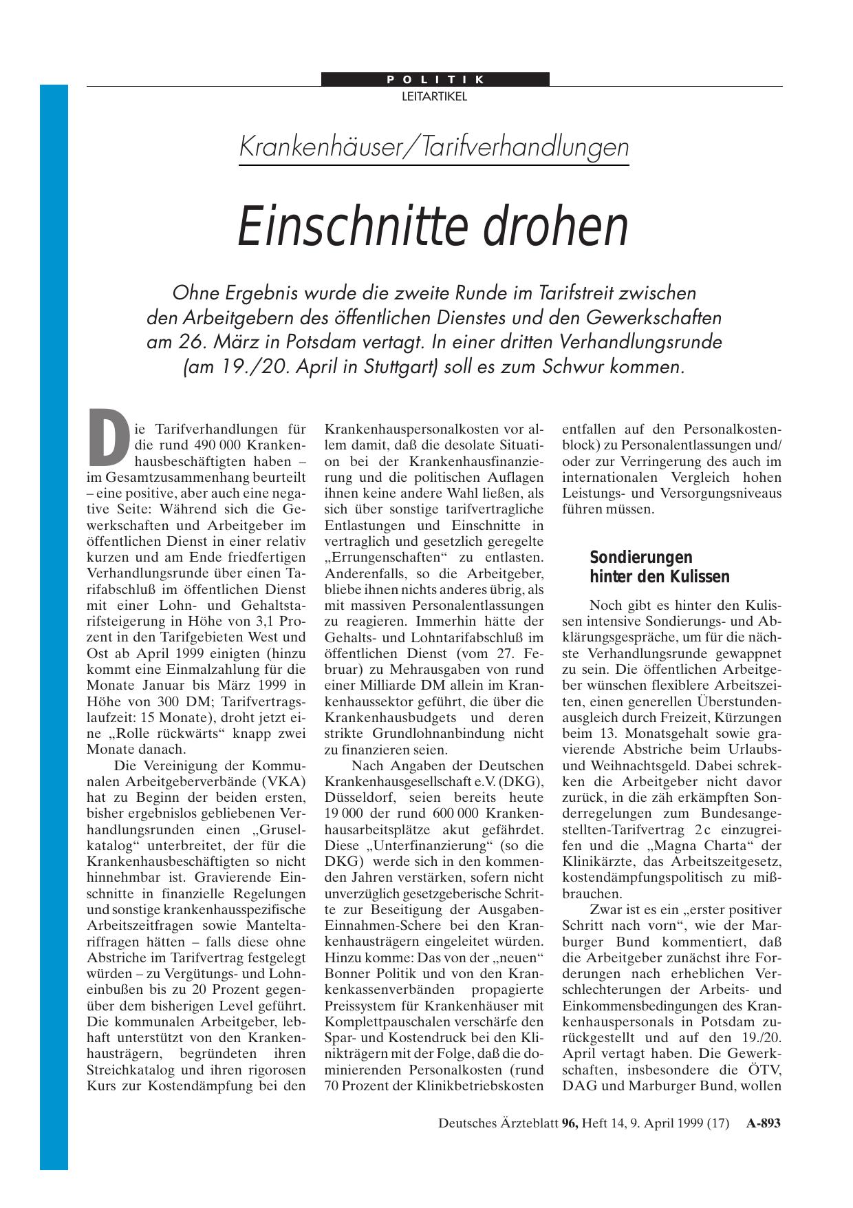 Vorschauseite 1: Krankenhäuser/Tarifverhandlungen: Einschnitte drohen
