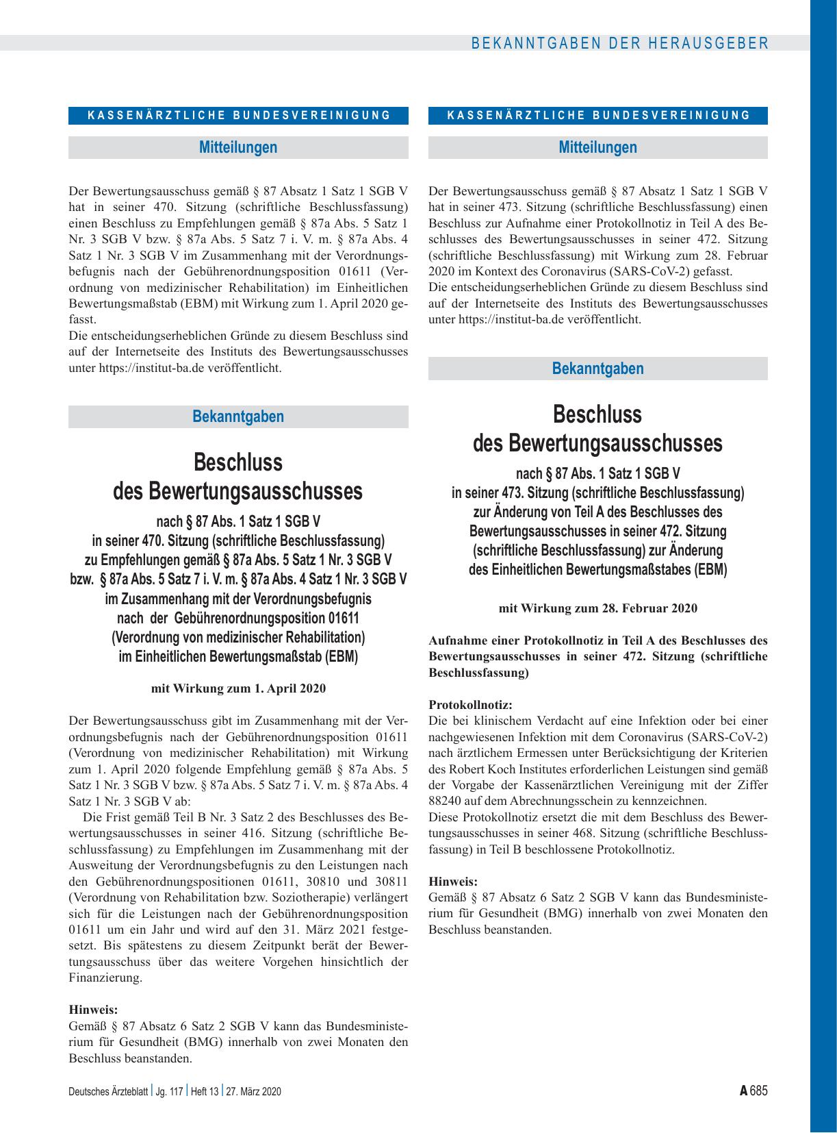 Vorschauseite 1: Beschluss des Bewertungsausschusses nach § 87 Abs. 1 Satz 1 SGB V in seiner 470. Sitzung (schriftliche Beschlussfassung) zu Empfehlungen gemäß § 87a Abs. 5 Satz 1 Nr. 3 SGB V bzw.…