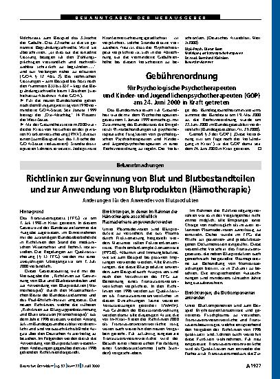 Vorschauseite 1: Gebührenordnung: für Psychologische Psychotherapeuten und Kinderund Jugendlichenpsychotherapeuten (GOP) am 24. Juni 2000 in Kraft getreten