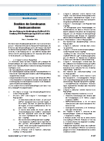 Vorschauseite 1: Beschluss des Gemeinsamen Bundesausschusses über eine Änderung der Schutzimpfungs-Richtlinie (SI-RL): Umsetzung STIKO-Empfehlungen August 2016 und weitere Anpassungen