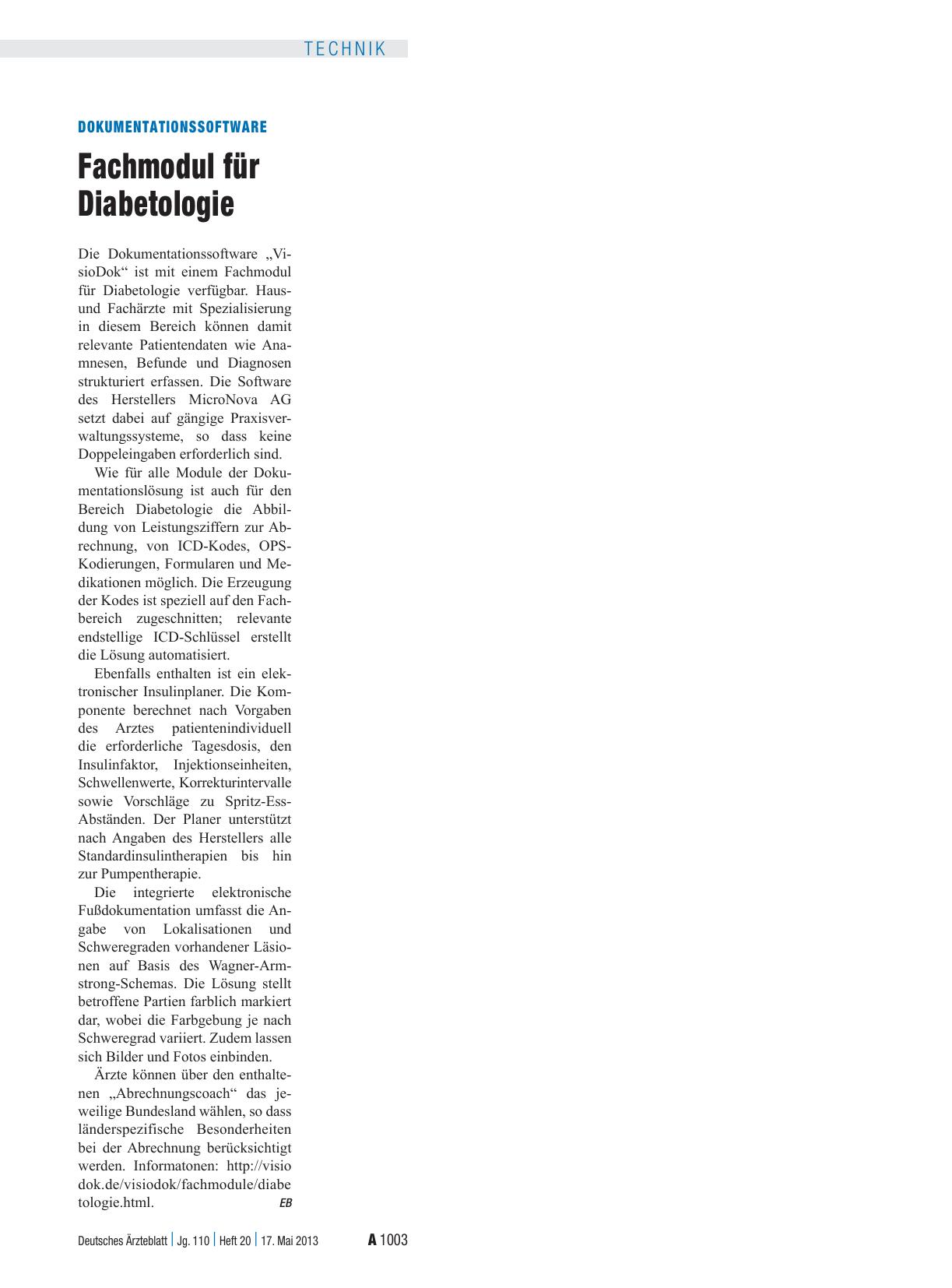 Vorschauseite 1: Dokumentationssoftware: Fachmodul für Diabetologie