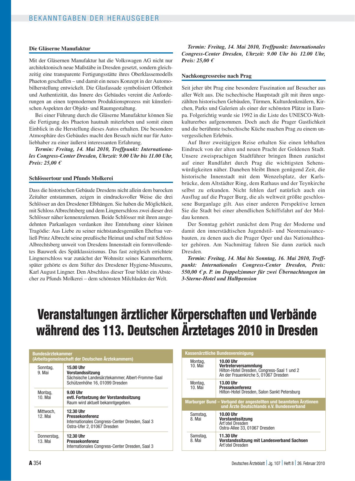 Vorschauseite 1: Veranstaltungen ärztlicher Körperschaften und Verbände während des 113. Deutschen Ärztetages 2010 in Dresden