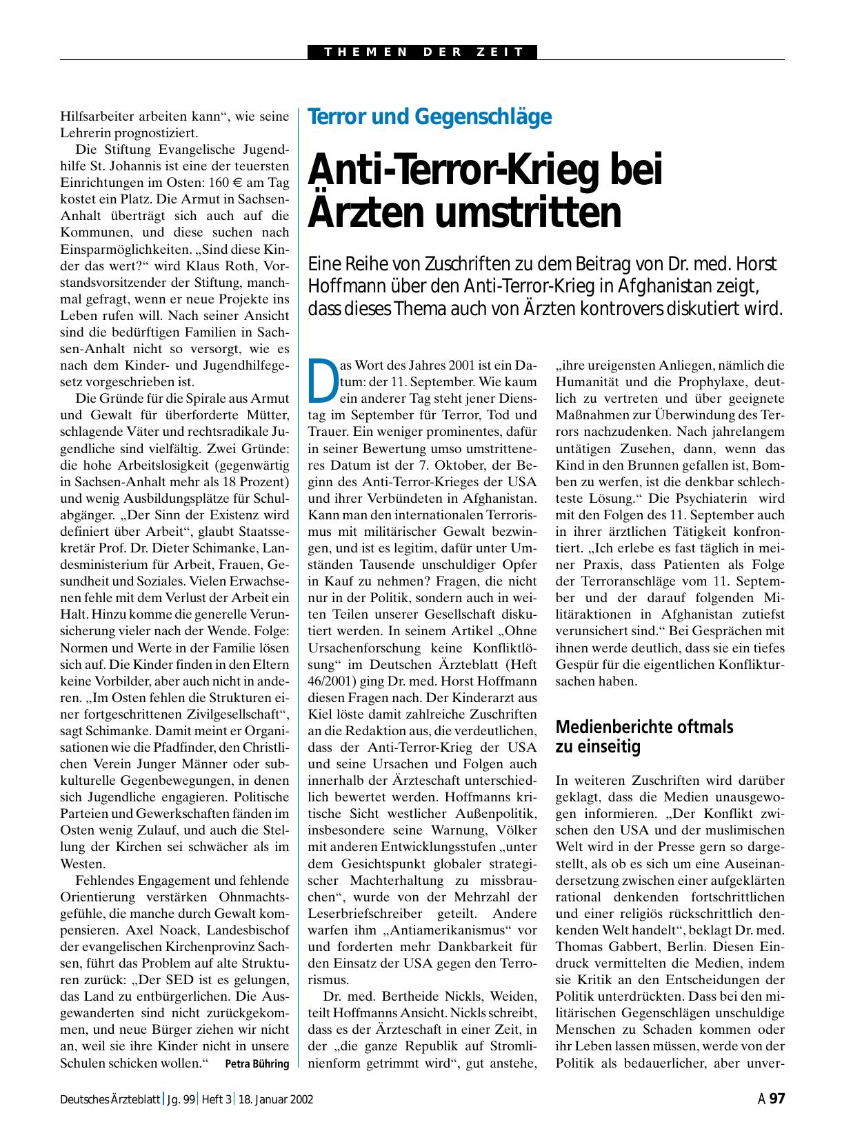 Vorschauseite 1: Terror und Gegenschläge: Anti-Terror-Krieg bei Ärzten umstritten