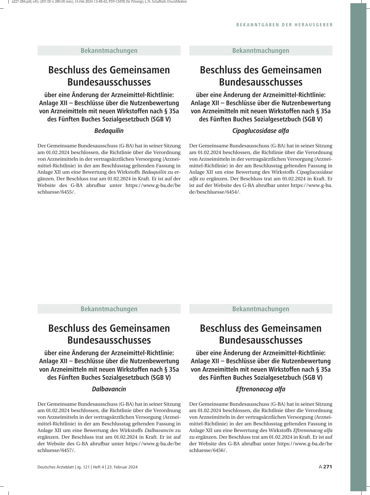 Vorschauseite 1: Beschluss des Gemeinsamen Bundesausschusses über eine Änderung der Arzneimittel-Richtlinie: Cipaglucosidase alfa