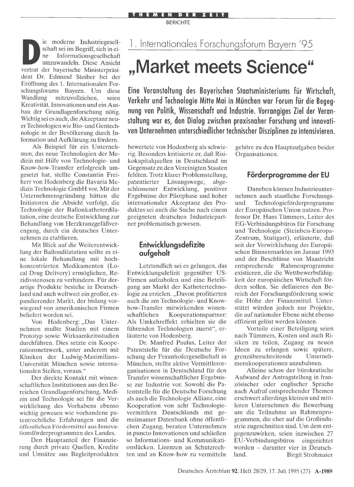 Vorschauseite 1: 1. Internationales Forschungsforum Bayern '95: „Market meets Science“