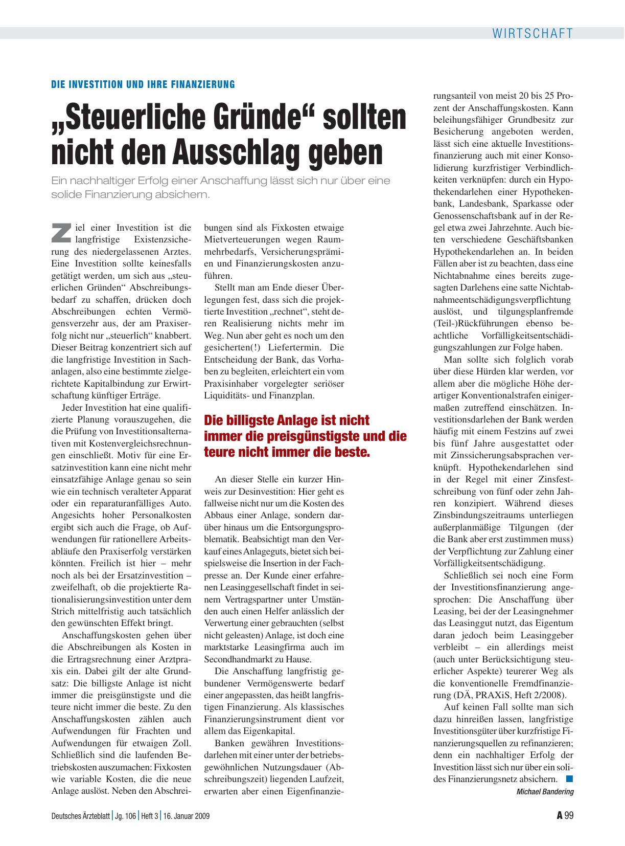 Vorschauseite 1: Die Investition und Ihre Finanzierung „Steuerliche Gründe“ sollten nicht den Ausschlag geben