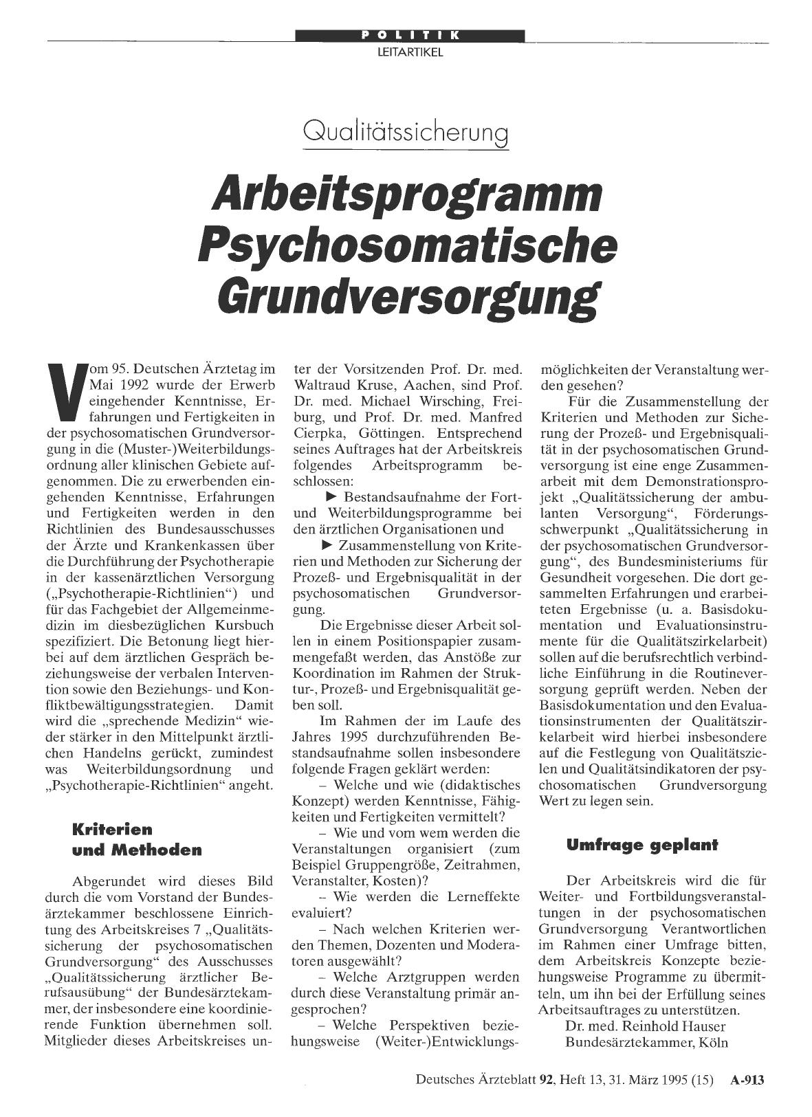Vorschauseite 1: Oualitätssicherung: Arbeitsprogramm Psychosomatische Grundversorgung