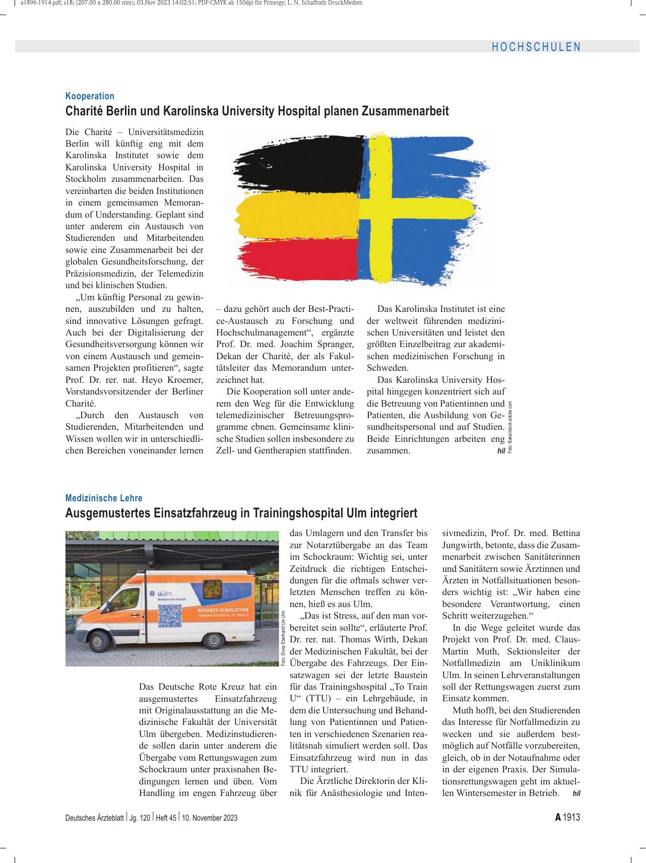 Vorschauseite 1: Kooperation: Charité Berlin und Karolinska University Hospital planen Zusammenarbeit