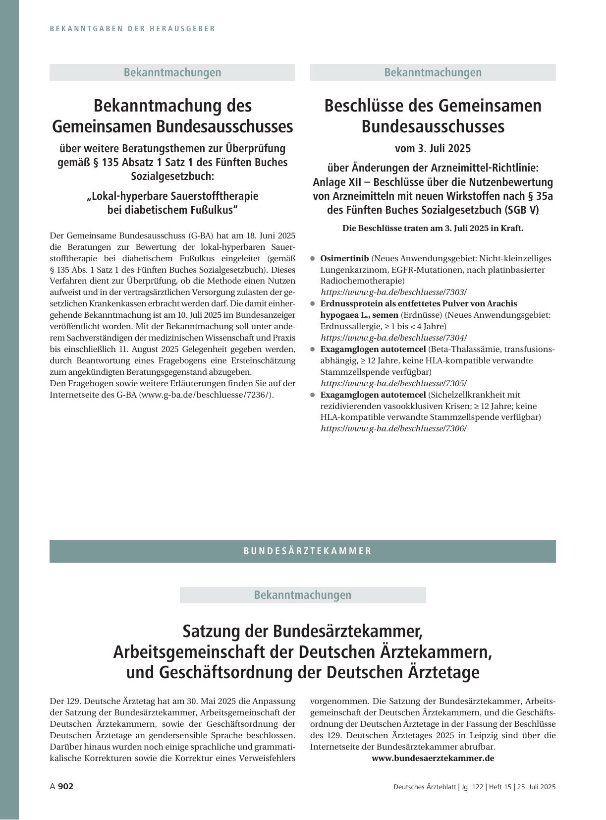 Vorschauseite 1: Bekanntmachung des Gemeinsamen Bundesausschusses über weitere Beratungsthemen zur Überprüfung gemäß § 135 Absatz 1 Satz 1 des Fünften Buches Sozialgesetzbuch „Lokal-hyperbare Saue…