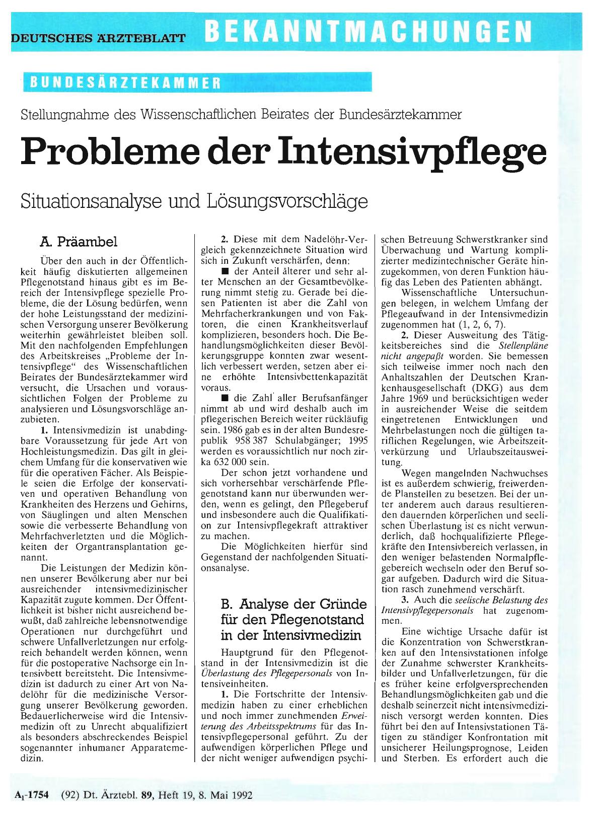 Vorschauseite 1: Stellungnahme des Wissenschaftlichen Beirates der Bundesärztekammer: Probleme der Intensivpflege