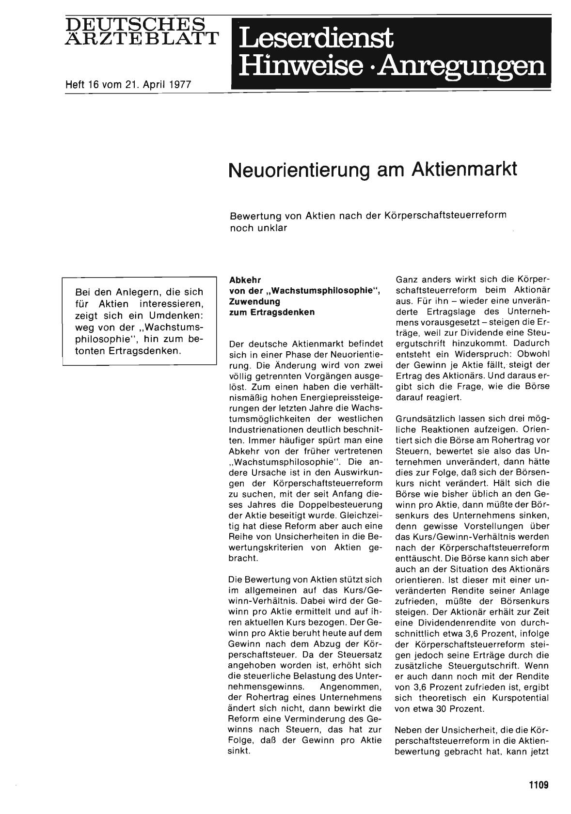 Vorschauseite 1: Neuorientierung am Aktienmarkt: Bewertung von Aktien nach der Körperschaftsteuerreform noch unklar