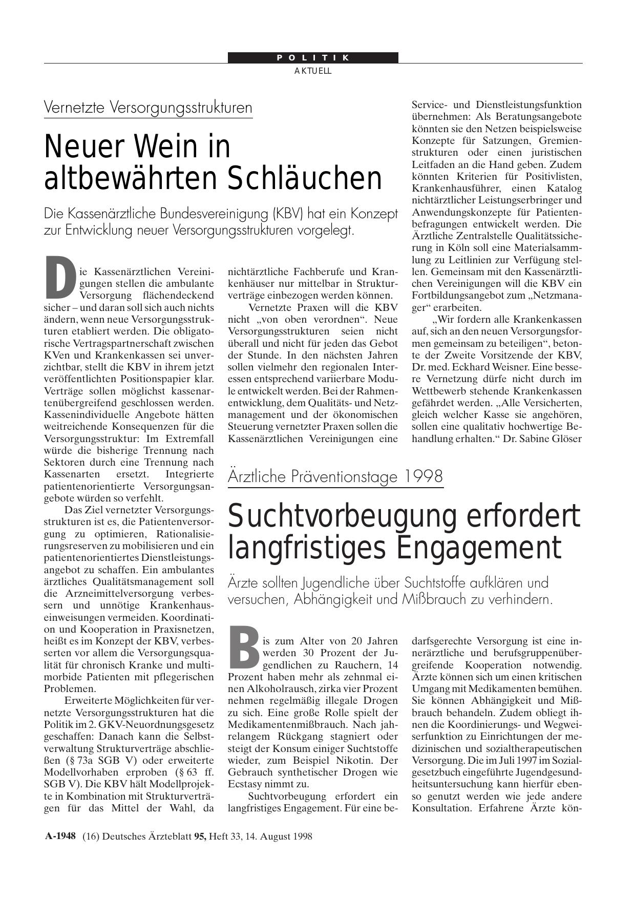 Vorschauseite 1: Vernetzte Versorgungsstrukturen: Neuer Wein in altbewährten Schläuchen