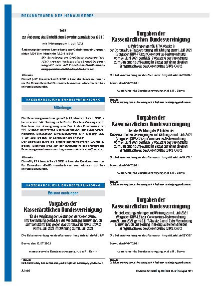 Vorschauseite 1: Vorgaben der Kassenärztlichen Bundesvereinigung für die Leistungserbringer mit Wirkung zum 1. Juli 2021 (Vorgaben KBV-LE) zur Coronavirus-Testverordnung vom 24. Juni 2021 gemäß §…