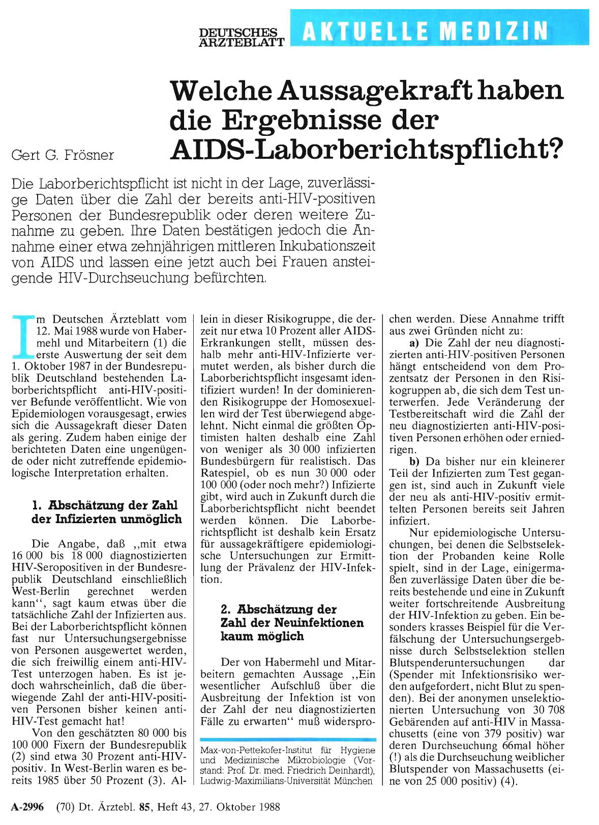Vorschauseite 1: Welche Aussagekraft haben die Ergebnisse der Geit G. Frösner AIDS-Laborberichtspflicht?