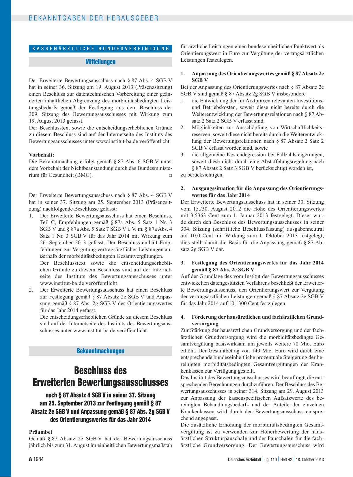 Vorschauseite 1: Beschluss des Erweiterten Bewertungsausschusses nach § 87 Absatz 4 SGB V in seiner 37. Sitzung am 25. September 2013 zur Festlegung gemäß § 87 Absatz 2e SGB V und Anpassung gemäß…