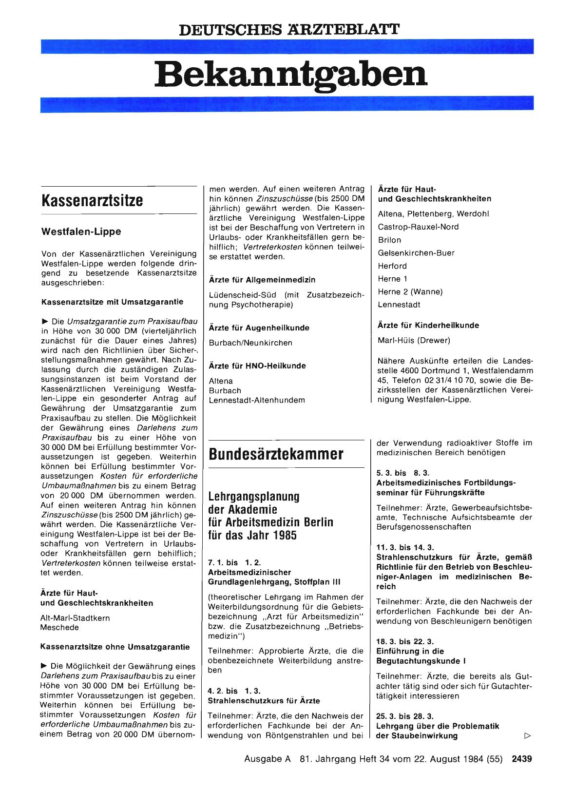 Vorschauseite 1: Lehrgangsplanung der Akademie für Arbeitsmedizin Berlin für das Jahr 1985