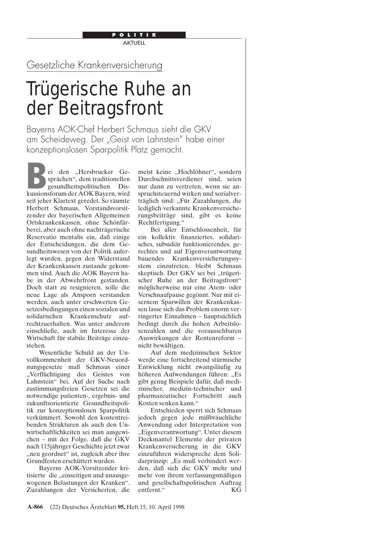 Vorschauseite 1: Gesetzliche Krankenversicherung: Trügerische Ruhe an der Beitragsfront