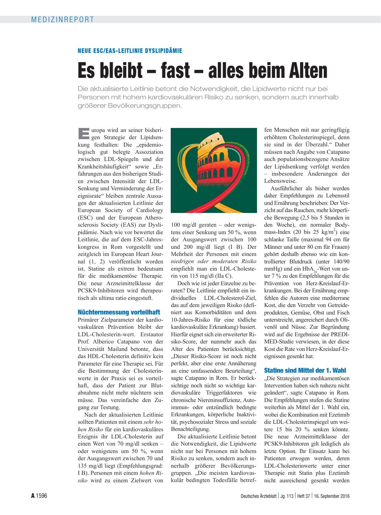 Vorschauseite 1: Neue ESC/EAS-Leitlinie Dyslipidämie: Es bleibt – fast – alles beim Alten