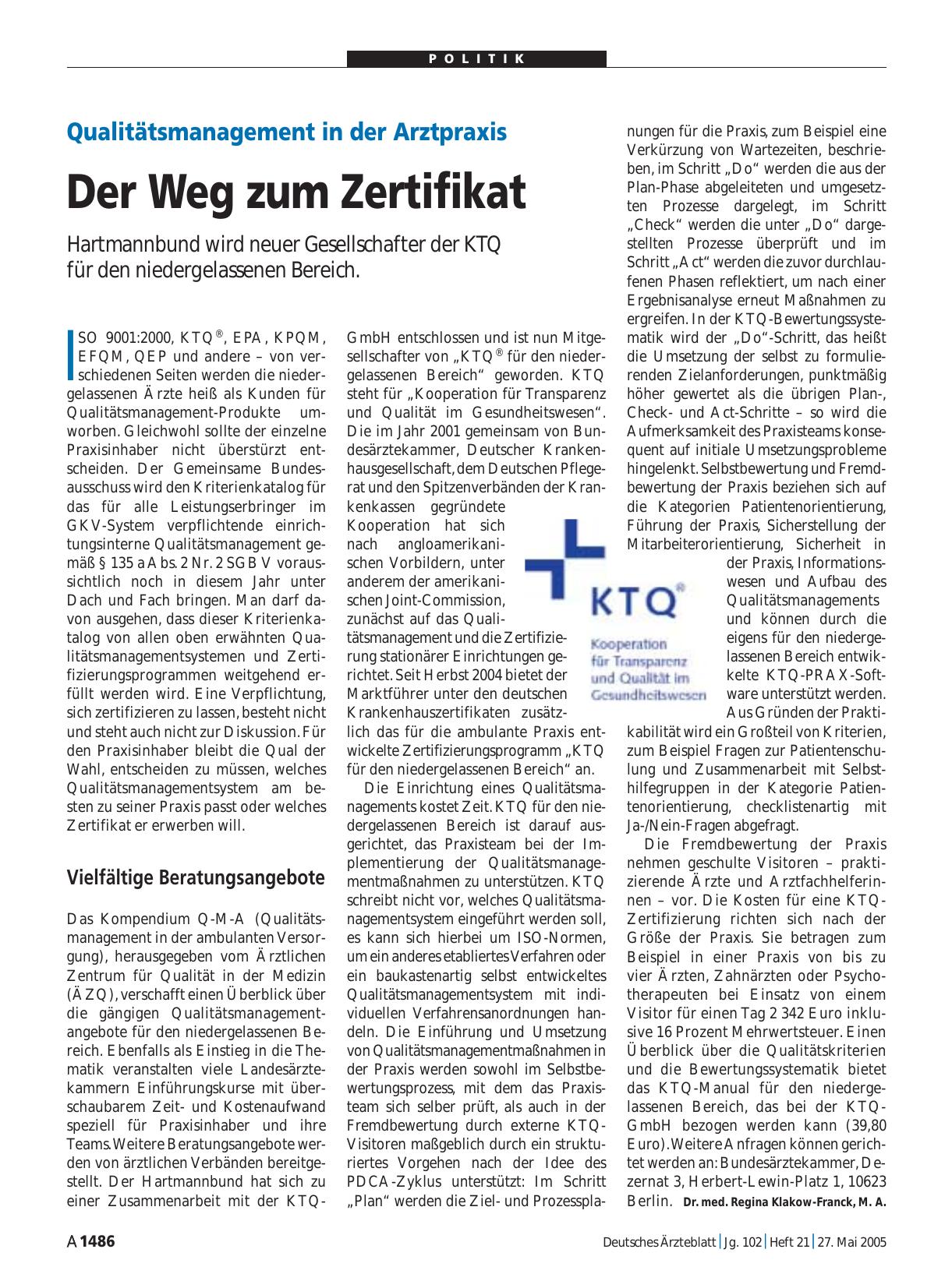 Vorschauseite 1: Qualitätsmanagement in der Arztpraxis: Der Weg zum Zertifikat