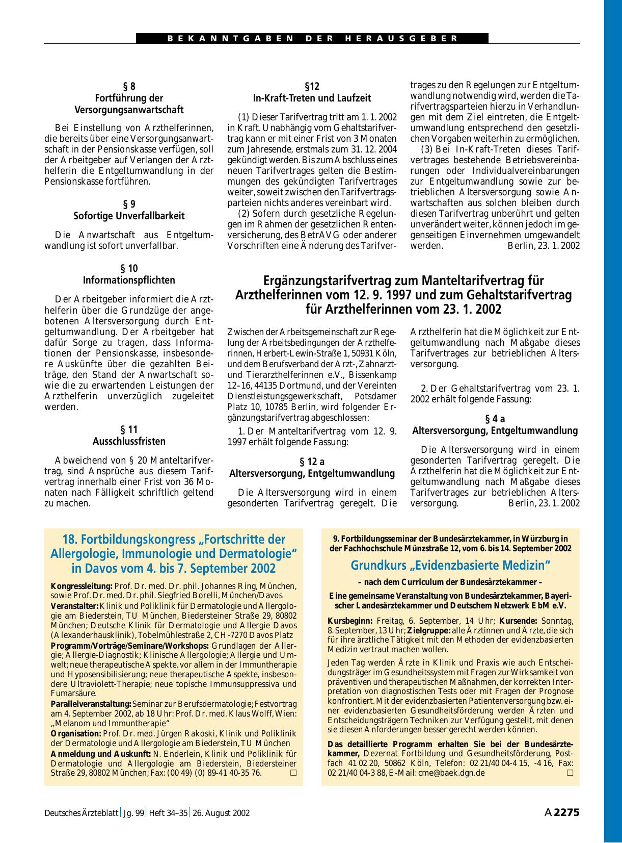 Vorschauseite 1: Bekanntmachungen: Ergänzungstarifvertrag zum Manteltarifvertrag für Arzthelferinnen vom 12. 9. 1997 und zum Gehaltstarifvertrag für Arzthelferinnen vom 23. 1. 2002