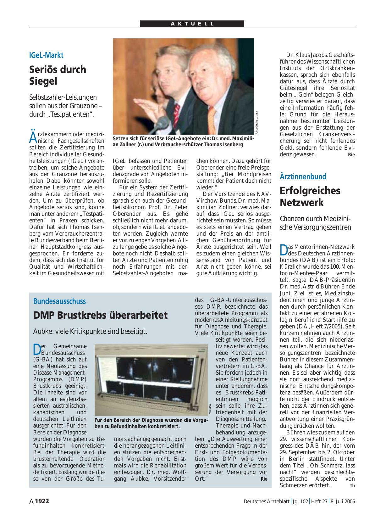 Vorschauseite 1: Bundesausschuss: DMP Brustkrebs überarbeitet