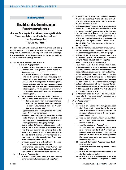 Vorschauseite 1: Beschluss des Gemeinsamen Bundesausschusses über eine Änderung der Krankenhauseinweisungs-Richtlinie: Verordnungsbefugnis von Psychotherapeutinnen und Psychotherapeuten