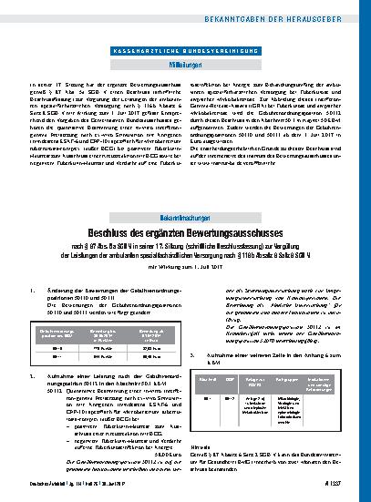 Vorschauseite 1: Beschluss des ergänzten Bewertungsausschusses nach § 87 Abs. 5a SGB V in seiner 17. Sitzung (schriftliche Beschlussfassung) zur Vergütung der Leistungen der ambulanten spezialfach…