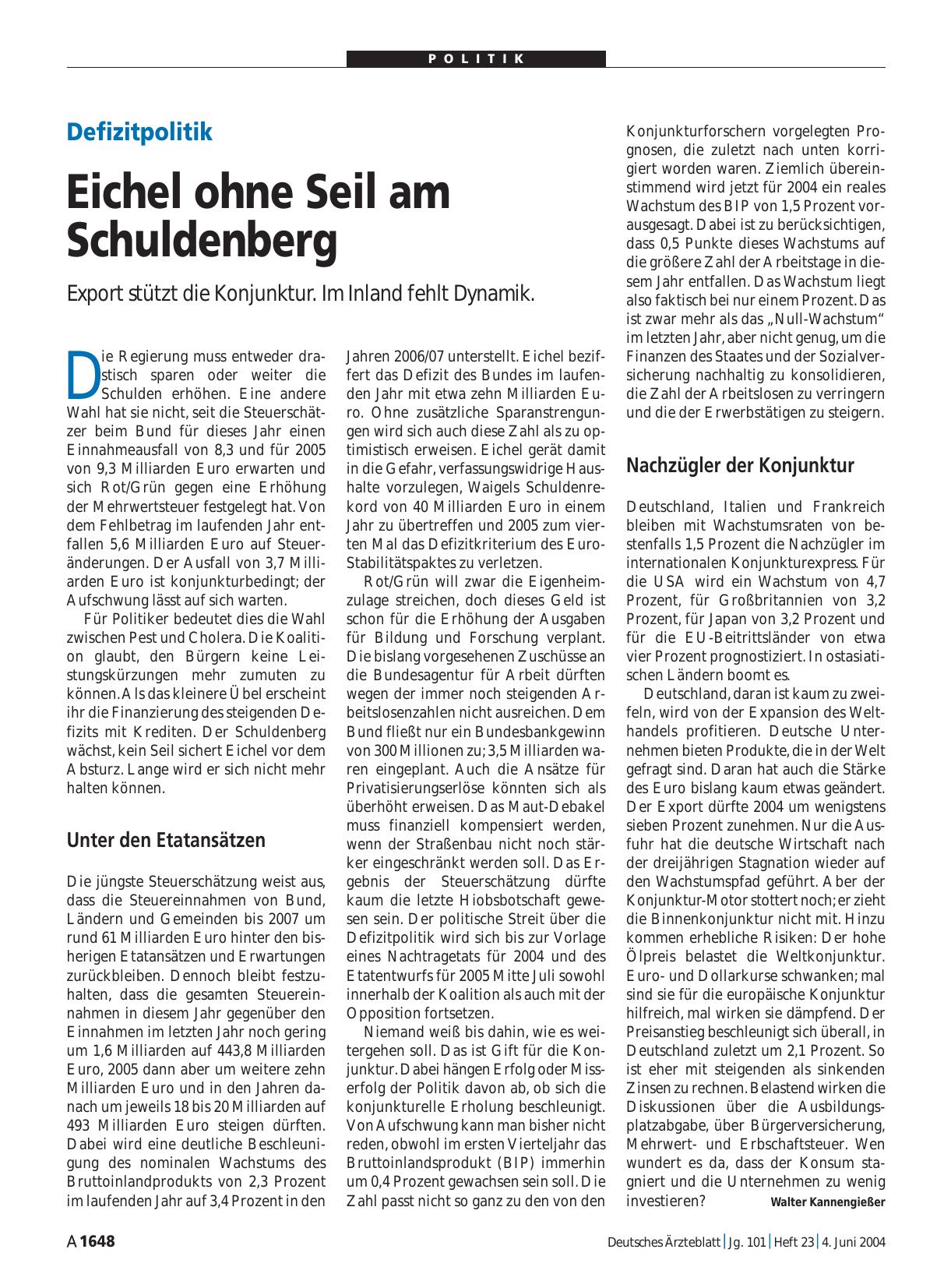 Vorschauseite 1: Defizitpolitik: Eichel ohne Seil am Schuldenberg
