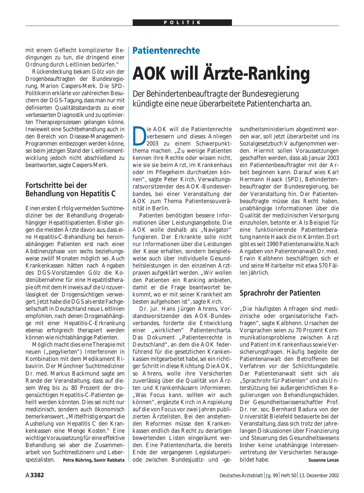Vorschauseite 1: Patientenrechte: AOK will Ärzte-Ranking