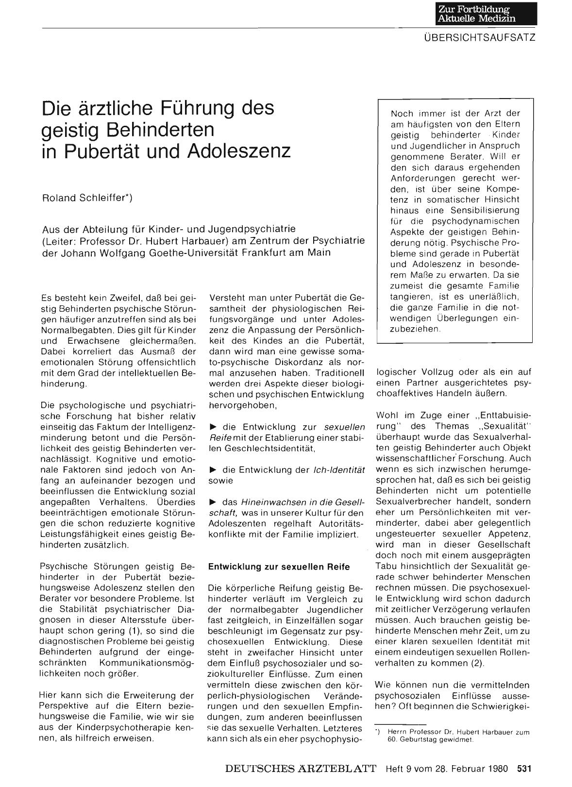 Vorschauseite 1: Die ärztliche Führung des geistig Behinderten in Pubertät und Adoleszenz