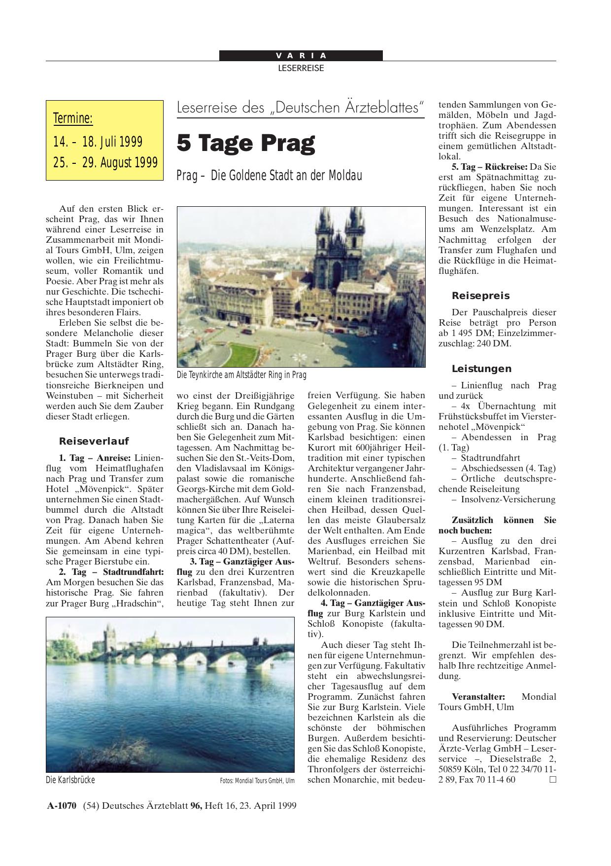 Vorschauseite 1: Leserreise des „Deutschen Ärzteblattes“: 5 Tage Prag