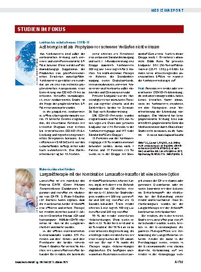 Vorschauseite 1: Leichtes bis mittelschweres COVID-19: Azithromycin ist als Prophylaxe vor schweren Verläufen nicht wirksam
