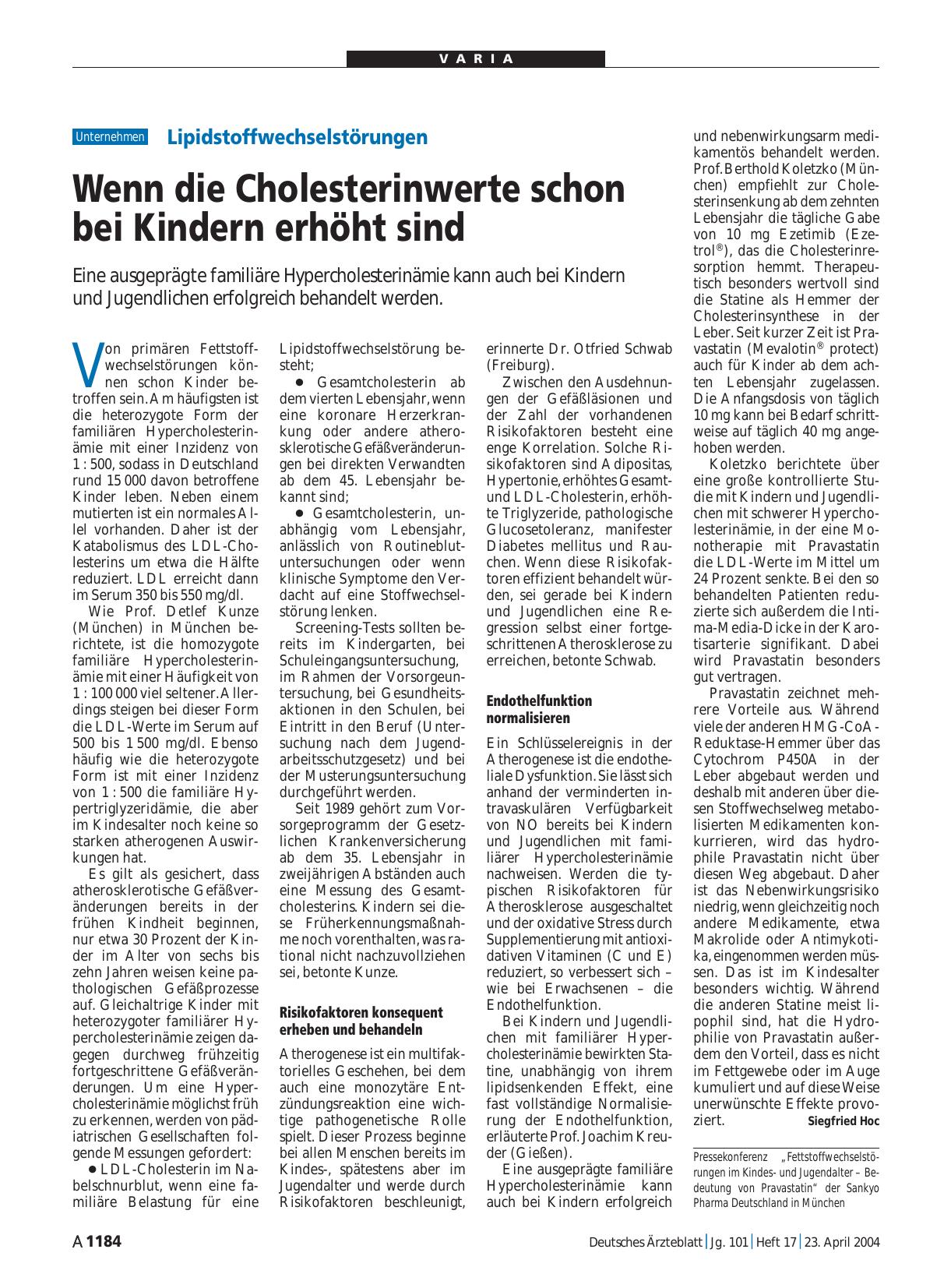 Vorschauseite 1: Lipidstoffwechselstörungen: Wenn die Cholesterinwerte schon bei Kindern erhöht sind