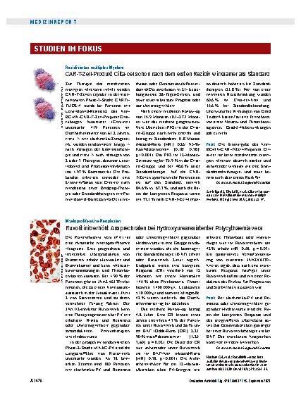 Vorschauseite 1: Myeloproliferative Neoplasien: Ruxolitinib erhöht Ansprechraten bei Hydroxyurearesistenter Polycythaemia vera