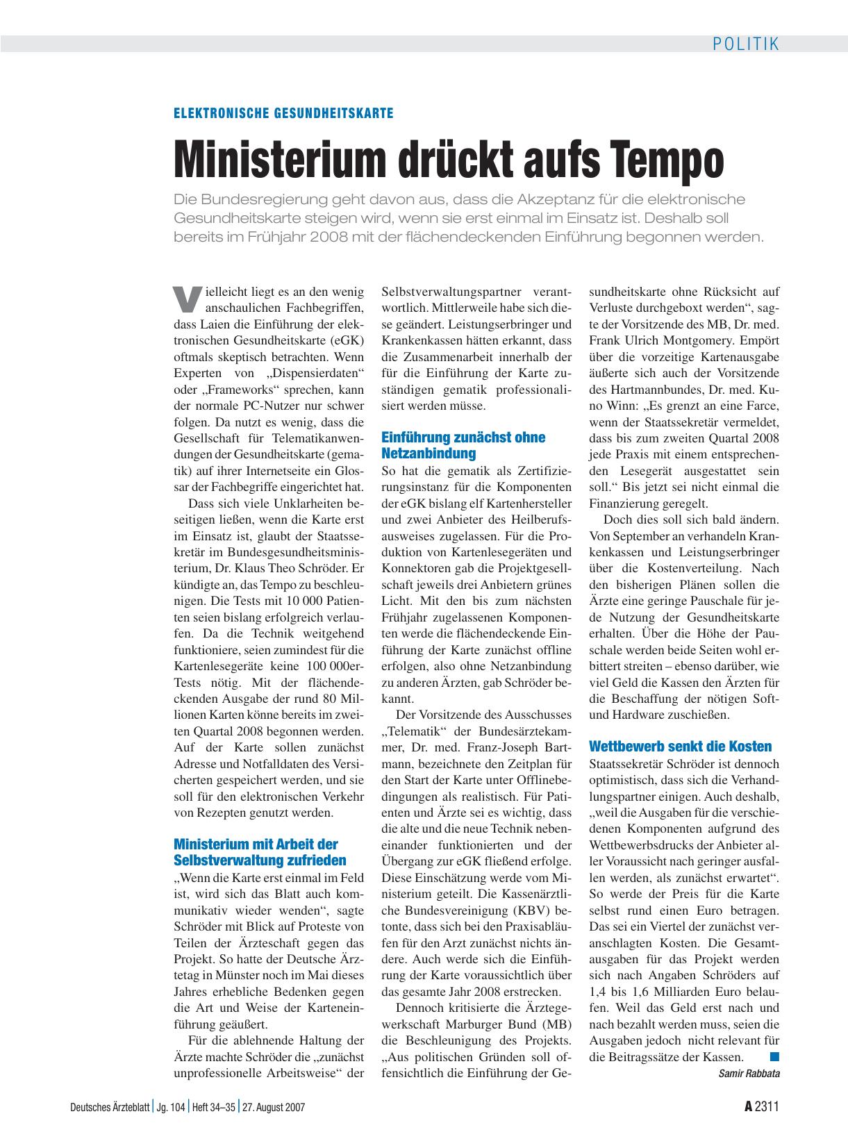Vorschauseite 1: Elektronische Gesundheitskarte: Ministerium drückt aufs Tempo