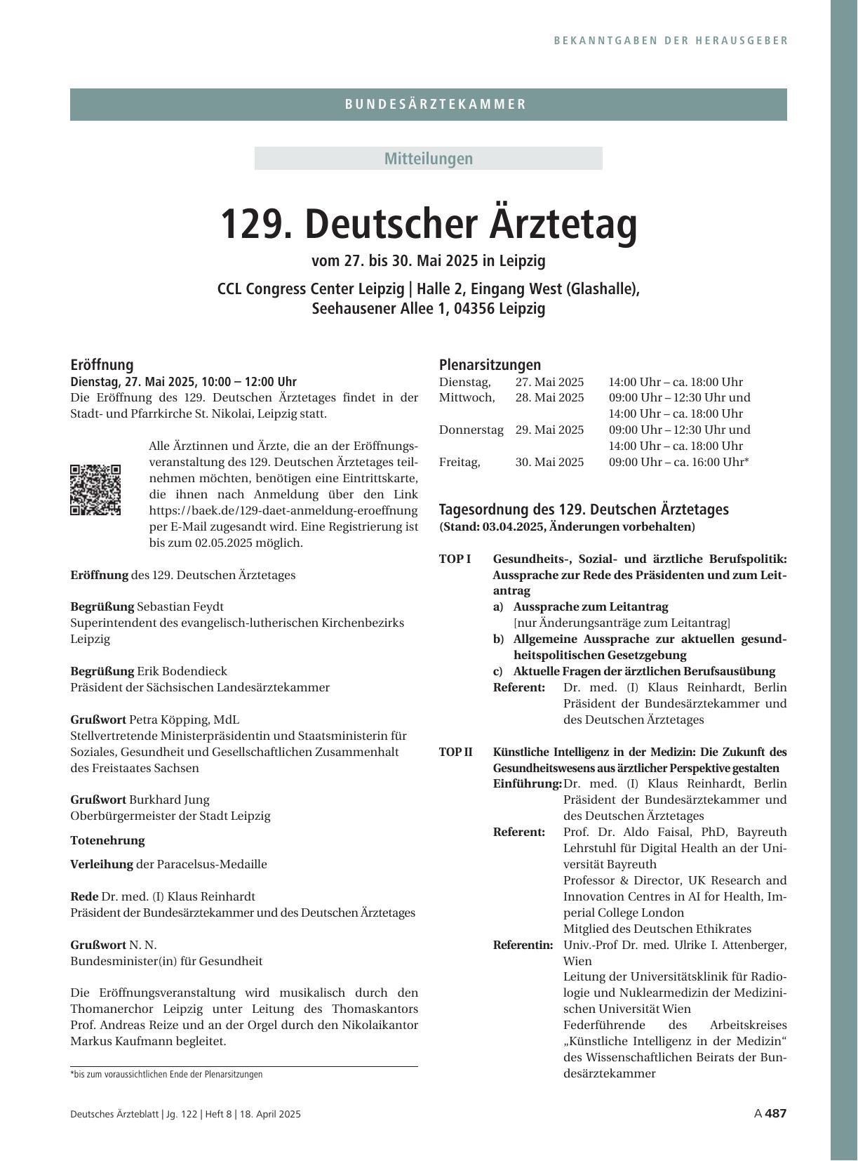 Vorschauseite 1: 129. Deutscher Ärztetag vom 27. bis 30. Mai 2025 in Leipzig