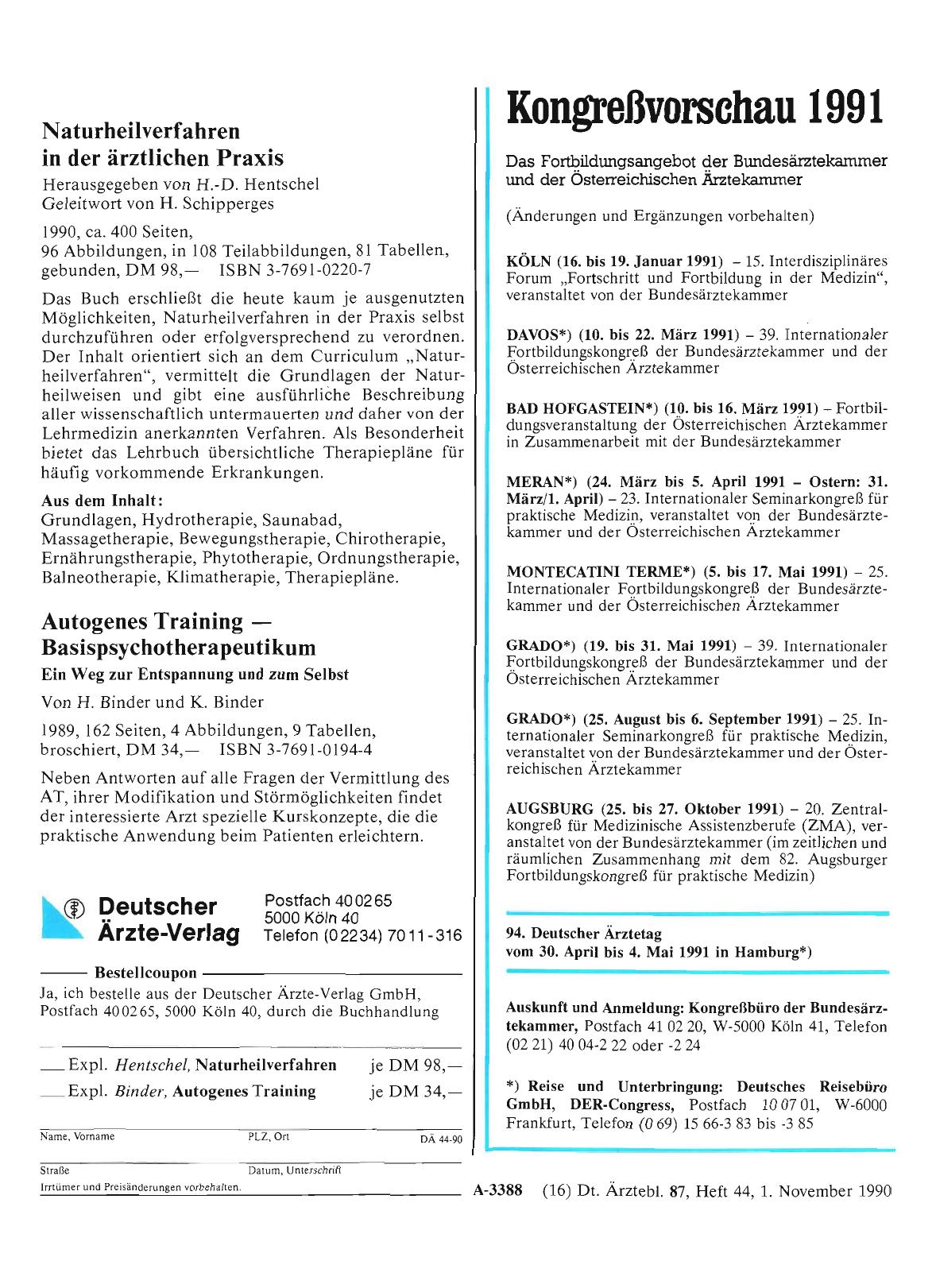 Vorschauseite 1: Kongreßvorschau 1991: Das Fortbildungsangebot der Bundesärztekammer und der Österreichischen Ärztekammer