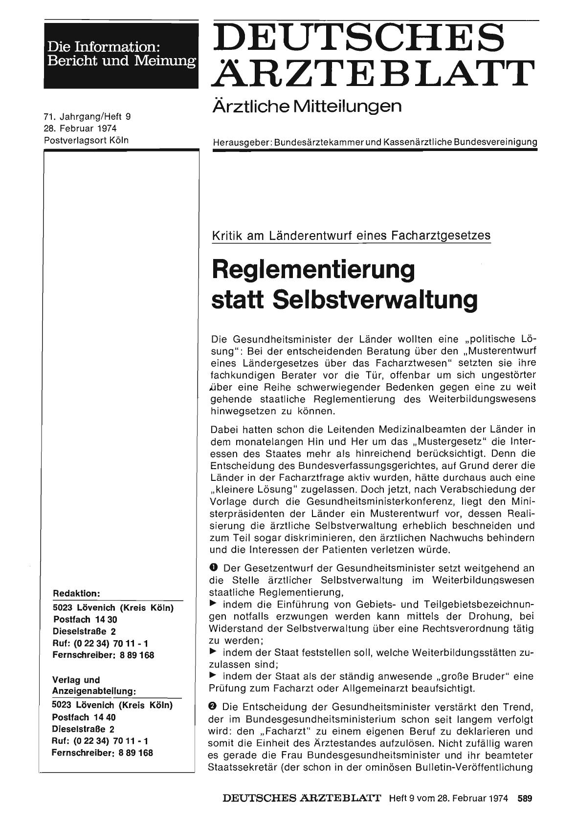 Vorschauseite 1: Kritik am Länderentwurf eines Facharztgesetzes: Reglementierung statt Selbstverwaltung