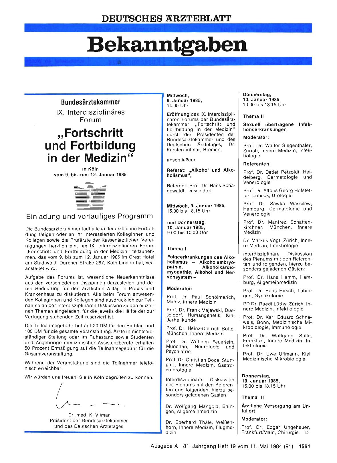 Vorschauseite 1: Einladung zum IX. Interdisziplinären Forum „Fortschritt und Fortbildung in der Medizin“ 1985