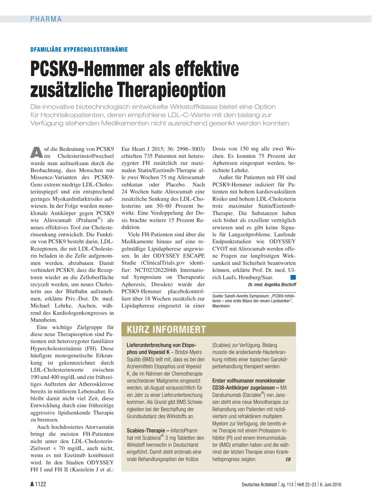 Vorschauseite 1: Familiäre Hypercholesterinämie: PCSK9-Hemmer als effektive zusätzliche Therapieoption