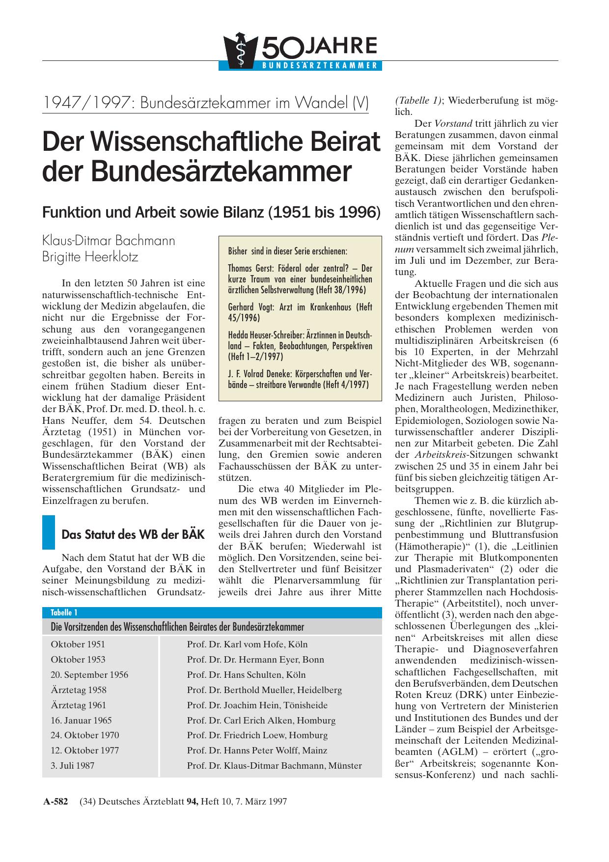 Vorschauseite 1: 1947/1997 – Bundesärztekammer im Wandel (V): Der Wissenschaftliche Beirat der Bundesärztekammer Funktion und Arbeit sowie Bilanz (1951 bis 1996)