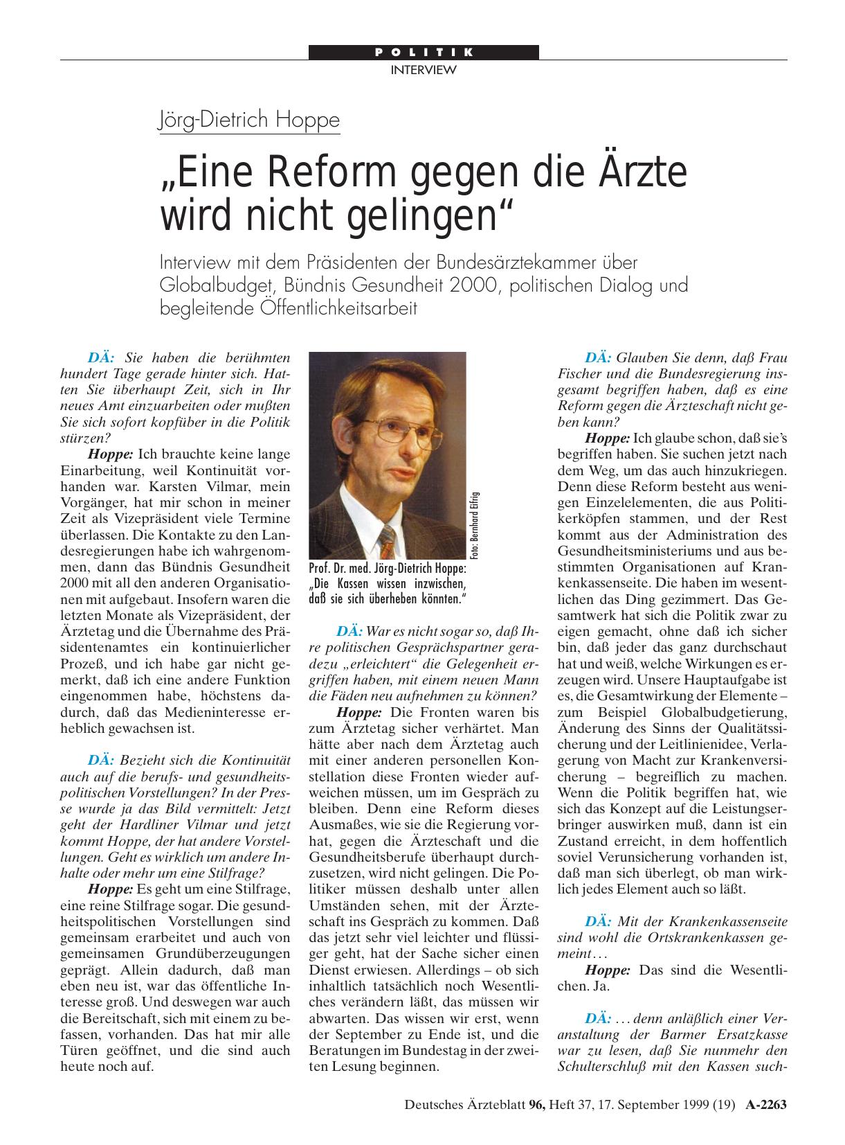Vorschauseite 1: Jörg-Dietrich Hoppe: „Eine Reform gegen die Ärzte wird nicht gelingen“