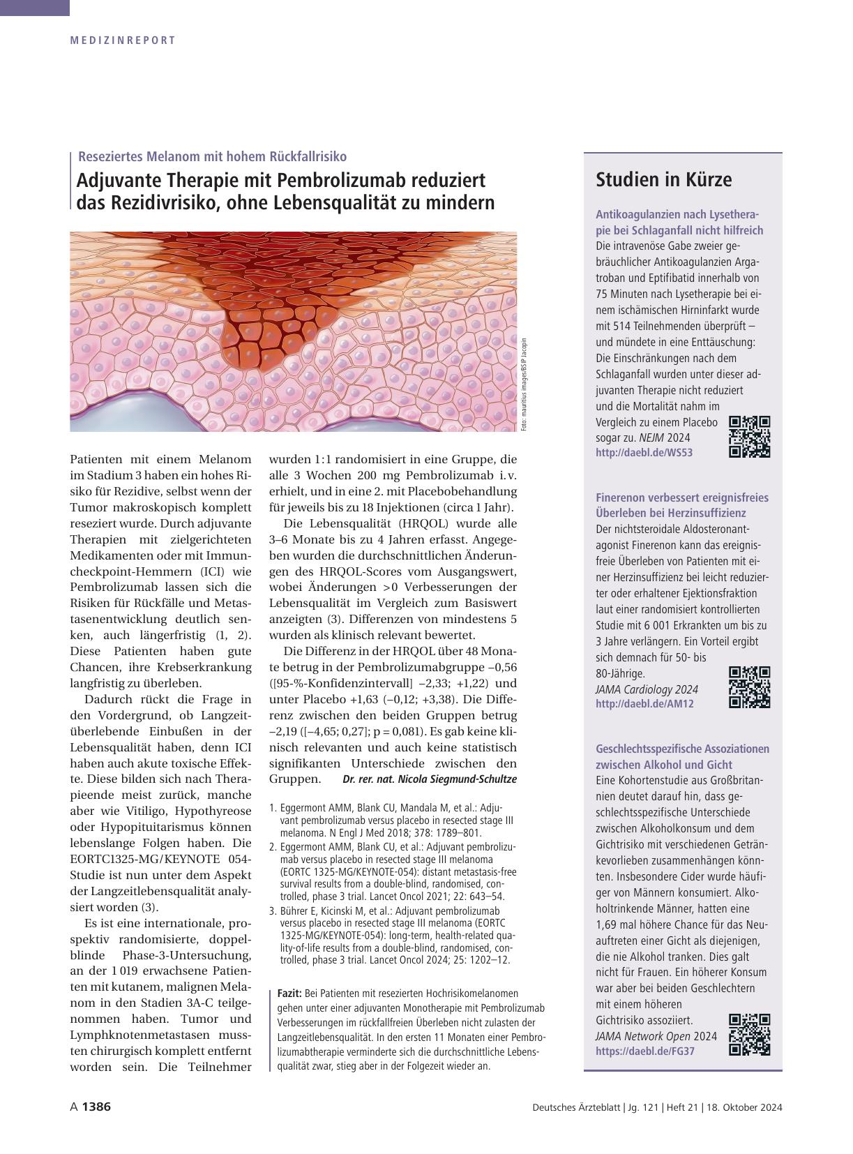 Vorschauseite 1: Reseziertes Melanom mit hohem Rückfallrisiko: Adjuvante Therapie mit Pembrolizumab reduziert das Rezidivrisiko, ohne Lebensqualität zu mindern